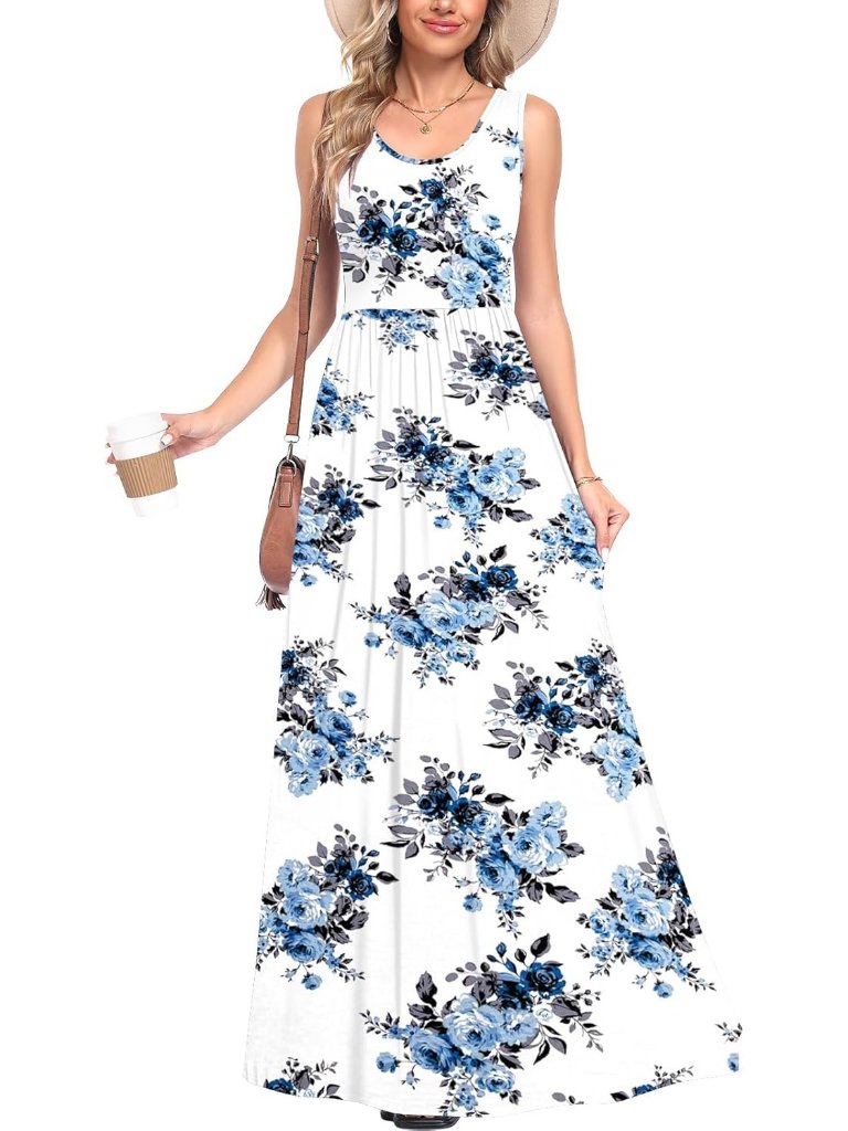 Women's Blue Rose Flower Sleeveless Flowy Casual Beach Stylish Maxi Dress